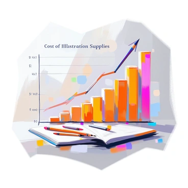 A chart displaying upward growth with clear, labeled axes. The x-axis represents time, while the y-axis indicates the cost of illustration supplies. The line graph climbs steadily, showcasing consistent increases over time. Various iconographic elements, such as pencils, paintbrushes, and sketchbooks, are scattered throughout the chart, symbolizing different types of supplies. Each data point on the graph is marked for clarity, and a bold title "Cost of Illustration Supplies" is prominently displayed at the top.