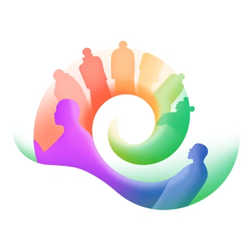 A modern pastel illustration featuring a vibrant spiral composed of silhouettes of human figures. Each silhouette represents a different identity and is filled with various shades of the rainbow, transitioning smoothly from red to violet. The figures are positioned in a circular formation, creating a sense of movement and unity. The background is soft and minimalistic, allowing the colorful silhouettes to stand out prominently. The overall composition invites viewers to contemplate the diverse spectrum of human identity.