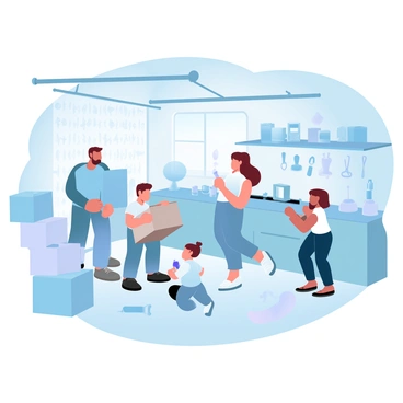 A family is actively cleaning and organizing a cluttered garage. There are boxes stacked haphazardly in one corner, with various tools scattered around the floor. A father is lifting a large box while a mother is sorting through smaller items on a workbench. Two children are arranging tools on a shelf, with one holding a tool in hand. The garage walls are lined with pegboards filled with miscellaneous tools and equipment. Sunlight is streaming in through a window, illuminating the dust particles in the air.