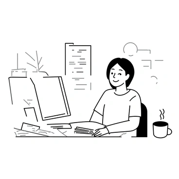 A person sitting at a desk, participating in a virtual meeting on a computer. The individual is focused on the screen, with a slightly furrowed brow. They are wearing a casual shirt and have short hair. Surrounding them are several sheets of notes spread out on the desk, with handwritten notes visible. A steaming cup of coffee is placed to the right of the computer, adding to the work environment. The room is organized, with a few books and a plant in the background.