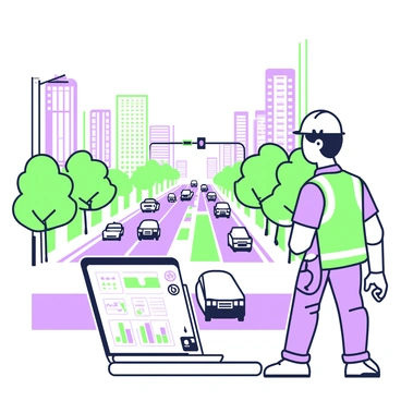 An engineer is standing at a high vantage point, overlooking a busy intersection filled with various vehicles. He has short hair and is wearing a safety vest and a hard hat. In front of him is a laptop where traffic data is displayed, showcasing graphs and charts related to vehicle counts and flow rates. Below him, the road is bustling with cars, buses, and bicycles, all following the traffic signals. In the distance, tall buildings frame the scene, and there are trees lining the sides of the road, adding to the urban landscape. The sky is clear, allowing for a bright view of the bustling city below.