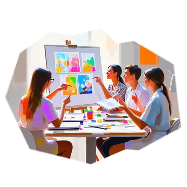A group of four designers gathered around a large table, engaged in an animated discussion about ideas for a book cover. They are examining a mood board filled with a variety of colorful illustrations and design sketches pinned to it. One designer, with short hair and wearing glasses, points to a vibrant illustration of a forest scene. Another designer, with long hair tied back, holds a sketchbook open, showing a conceptual drawing of a character. The third designer, wearing a patterned shirt, jots down notes on a notepad, while the fourth, with an artistic apron and paint-smeared hands, gestures excitedly as they share their thoughts. The atmosphere is lively and creative, with scattered design materials and art supplies on the table.