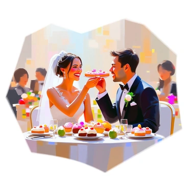 A bride and groom sharing a joyful moment at their reception, feeding each other traditional sweets. The bride, wearing an elaborate white gown with delicate lace details, has her hair styled elegantly and is smiling brightly. The groom, dressed in a classic black tuxedo with a bow tie, is looking at her with affection. They are surrounded by beautifully decorated tables adorned with floral arrangements and soft lighting. The sweets they are sharing are colorful and intricately designed, adding a vibrant touch to the scene. Their family and friends can be seen in the background, enjoying the festive atmosphere.