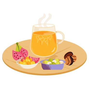 A steaming cup of "Persian tea" placed on a circular wooden table. The tea is served in a delicate glass with intricate patterns. Surrounding the cup are various "Yalda night snacks," including an assortment of colorful "dried fruits," such as figs, pomegranates, and dates. A small bowl of mixed "nuts," like pistachios and walnuts, is also present on the table. Soft, warm light creates a cozy atmosphere, subtly illuminating the scene.