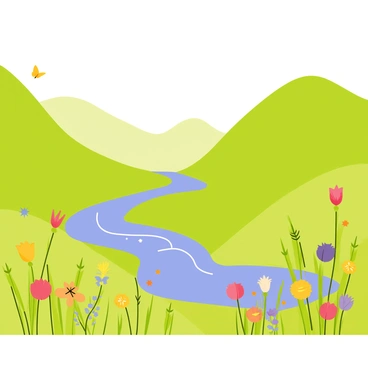 A lush, hidden valley with a tranquil river and colorful wildflowers