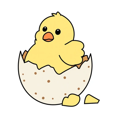 A tiny yellow chick is hatching from a cracked eggshell, with its little beak just peeking out from the top. The eggshell is white with brown speckles, and pieces of the shell are scattered around the chick. The chick's soft feathers are fluffed up, and its big, round eyes are wide open, filled with curiosity. The background is simple, allowing the focus to remain on the adorable chick and its shell.