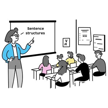 A language teacher, wearing glasses and a blue blouse, stands in front of a classroom. She is pointing towards a screen where “sentence structures” are displayed in large, clear font. The classroom is filled with students seated at desks, attentively watching the presentation. Some students have notebooks open, ready to take notes. A large window on one side lets in natural light, illuminating the space. The walls are adorned with educational posters related to language and grammar.