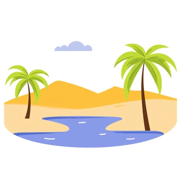 A tranquil desert oasis surrounded by palm trees and a clear blue sky