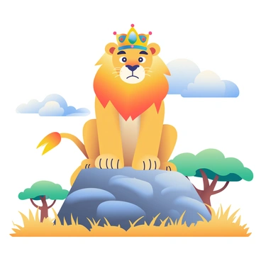 A majestic lion with a golden mane is sitting on a large, textured rock in the center of the savannah. The lion is wearing an ornate crown with intricate details and gemstones. Its piercing eyes are looking directly at the viewer, conveying strength and regality. Surrounding the rock, the savannah is dotted with tall, dry grass and a few acacia trees in the distance. The sky above is a bright blue with a few fluffy white clouds, completing the scene of this powerful animal in its natural habitat.