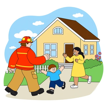 A firefighter wearing a bright red jacket and helmet is walking towards a cozy house. The firefighter has a warm smile on their face, showing joy and relief. In the front yard, there is a young child with light brown hair wearing a blue t-shirt and shorts, running towards the firefighter with open arms. Beside the child, an adult with long black hair, wearing a yellow dress, is waving excitedly. The house has a white picket fence and colorful flowers planted along the walkway, creating a welcoming atmosphere. A blue sky with fluffy white clouds is visible above, enhancing the cheerful scene.