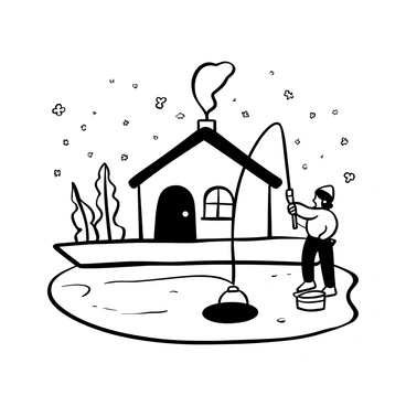 A cozy ice fishing hut with a sloped roof sits on a frozen lake. Smoke rises from its chimney, creating a whimsical atmosphere. A person wearing warm clothing stands next to the hut, holding a fishing rod above a circular hole in the ice. The surface of the ice is textured and cracked. Snowflakes gently fall around the scene, adding to the winter charm. A small bucket sits nearby, waiting to hold any caught fish.