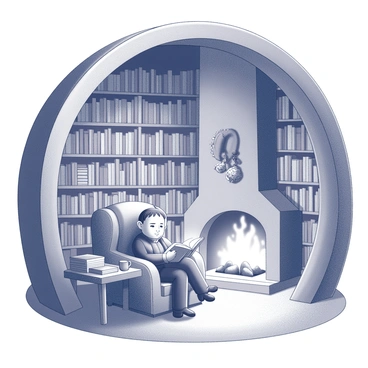 Inside a hobbit hole library, there are wooden shelves filled with many books, arranged in an organized manner. A cozy armchair is positioned beside a warm fireplace, creating a comfortable reading nook. A hobbit sits in the armchair, deeply engaged in a book, with an expression of concentration. The fireplace flickers gently, casting shadows on the walls adorned with rustic decorations. A small table next to the armchair holds a steaming cup of tea and a few more books stacked beside it, enhancing the inviting atmosphere of the space.