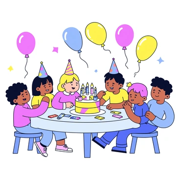 A lively birthday party scene filled with children gathered around a table. The children are enthusiastically playing a game of loto, with colorful cards and small tokens scattered on the table. Balloons in various colors float in the air, and a large birthday cake adorned with candles is placed in the center of the table. Party hats in bright patterns sit atop the children’s heads, and streamers hang from the ceiling, adding to the festive atmosphere.