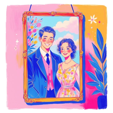 A family portrait hangs prominently on the wall. It features a happy couple, both smiling broadly, dressed in vintage clothing typical of years past. The man has short, neatly combed hair and is wearing a classic suit with a tie, while the woman has her hair styled in soft waves and is wearing a beautiful dress adorned with floral patterns. Behind them, there are hints of decor typical of the era, like an ornate picture frame that enhances the charm of the photograph. The wall surrounding the portrait is painted a warm color, adding to the nostalgic ambiance of the scene.