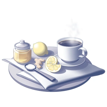An illustration showing various home remedies for soothing sore tonsils, like warm teas and honey.