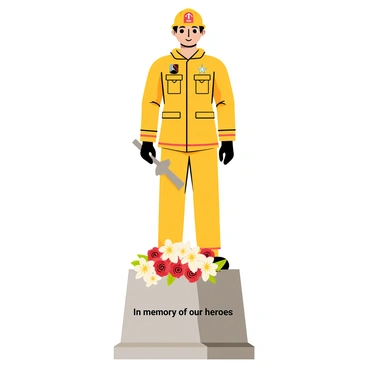 A solemn firefighter memorial statue stands tall, depicting a firefighter in full gear with a helmet and an axe at his side. The statue has intricate details showcasing the firefighter's uniform, including pockets and badges. At the base of the statue, there is a beautifully arranged wreath of colorful flowers, including red roses, white lilies, and yellow daisies, symbolizing honor and remembrance. The statue is set on a gray stone pedestal engraved with the words "In memory of our heroes," creating a respectful atmosphere surrounding the memorial.