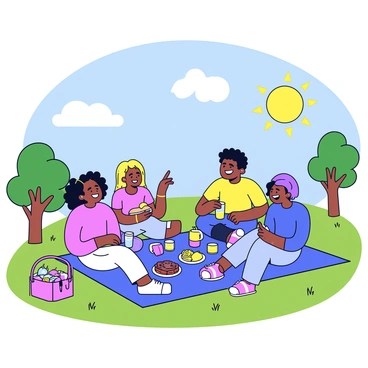 A picnic blanket spread on a grassy field, featuring a variety of colorful snacks and drinks. Several friends are seated around the blanket, each one laughing and engaged in animated conversation. One person is holding a sandwich, while another is pouring lemonade into cups. The sun is shining brightly in a clear blue sky, casting gentle shadows on the ground. Nearby, a picnic basket is open, revealing more food items. Some trees are visible in the background, adding a touch of nature to the scene.