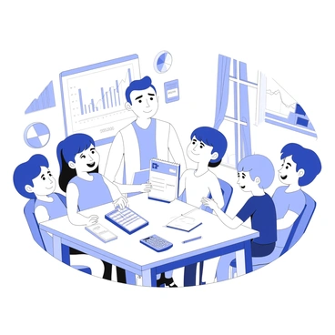 A family is gathered around a dining table, discussing their energy consumption. One family member is holding a monthly utility bill, pointing to the numbers on it. The table is cluttered with various items, including a calculator, a notebook, and a pen. The room has a warm and welcoming atmosphere, with sunlight filtering through a nearby window. On the wall, there are charts and graphs showing energy usage trends. Each family member has a focused expression, indicating their engagement in the discussion, while one child is taking notes.