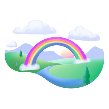 A modern pastel illustration depicting "a pair of rainbows" gracefully arching across the sky. The rainbows mirror each other, creating a harmonious effect over "a vast landscape" that includes rolling green hills, a gently flowing river, and a few scattered trees. The sky is a soft gradient transitioning from light blue to pink, with fluffy white clouds floating gently. The sun is partially visible, casting a warm glow over the scene.