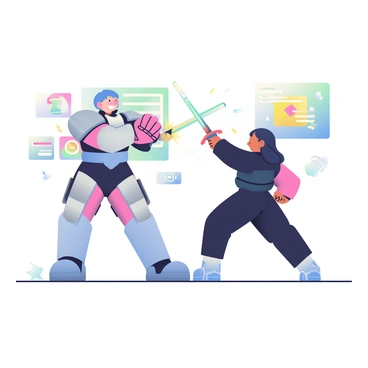 Two characters are engaged in a friendly swordfight in a zero-gravity environment. The first character is a tall figure with short blue hair, wearing a futuristic armor suit with sleek silver accents. The second character is a shorter figure with long black hair, dressed in a dark, form-fitting outfit, wielding a glowing sword. Colorful lights and holographic displays float in the background, creating an energetic atmosphere. Both characters are smiling, their movements fluid and dynamic as they dodge and parry, surrounded by floating debris and small, glimmering particles reflecting the light. Their swords cross in a bright flash, showcasing the intensity of their playful duel.