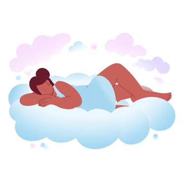 A girl is lounging comfortably on a fluffy cloud, which appears soft and billowy. She is wearing a light, flowing dress that gently sways around her. The sky surrounding her is filled with gradient pastel colors, blending shades of pink, lavender, and soft blue. The cloud underneath her has a slightly textured surface, emphasizing its fluffiness. Soft, wispy clouds can be seen scattered around, adding to the light and airy atmosphere.