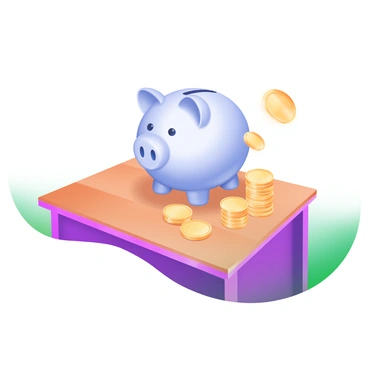 A shiny piggy bank sitting on a wooden desk, surrounded by gold coins