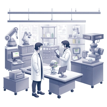 A spacious robotics laboratory filled with various advanced machines and equipment. There are several workstations featuring robotic arms, circuit boards, and computer screens displaying complex data. In the foreground, two scientists, one wearing safety goggles and a lab coat, are engaged in a conversation while examining a small humanoid robot. The second scientist is taking notes on a digital tablet. In the background, shelves hold numerous blueprints and tools, along with a large robotic prototype standing under bright overhead lights.