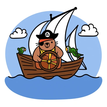 A wombat with brown fur wearing a classic pirate hat, an eye patch, and a striped shirt is confidently steering a ship on the open sea. The ship has wooden accents and sails billowing in the wind. The sky is bright blue with fluffy white clouds, and waves are gently crashing against the sides of the ship. The wombat is gripping the ship's wheel with both hands, showcasing its adventurous spirit while a small parrot perches on the ship's railing, adding to the pirate theme.