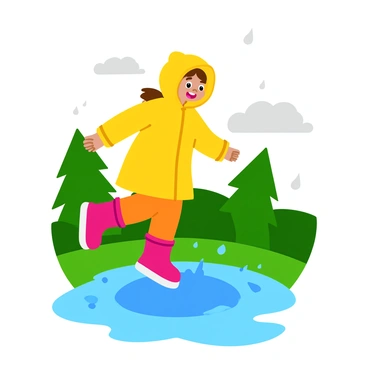 A little girl wearing a bright yellow raincoat with a hood is joyfully jumping in a puddle. Water splashes around her small, rubber red boots as she leaps into the air. Her hair is slightly damp from the light drizzle, and she has a big smile on her face. The background features green grass and trees, with light gray clouds overhead, hinting at the gentle rain falling. The scene captures the playful spirit of a rainy day.