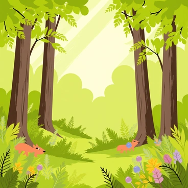 A dense green forest filled with tall trees, their trunks covered in rough brown bark. Sunlight filters through the vibrant green leaves, casting dappled light onto the forest floor. Various shades of green foliage surround the scene, with patches of bright wildflowers in yellow and purple peeking through the underbrush. Soft shadows create a sense of depth, while small animals like squirrels and birds are subtly integrated among the branches and ferns.