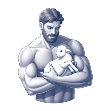 A strong man named Samson is depicted gently holding a small white lamb in his arms. His muscular arms are visibly defined, showcasing his strength, while his face expresses a soft and compassionate demeanor as he looks down at the lamb. The lamb has fluffy wool and bright eyes, highlighting its innocence and fragility. The scene conveys a beautiful contrast between Samson's powerful physique and the delicate nature of the creature he cradles. The background subtly emphasizes this interaction, focusing on the bond shared between the man and the lamb.