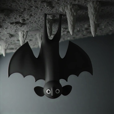 A bat, with dark fur and large wings, is hanging upside down from a rocky cave perch. Its ears are perked up, and its eyes are wide open, scanning its surroundings. Stalactites, formed from mineral deposits, hang above the bat, glistening in the dim light of the cave. The cave walls are rough and textured, with shadows cast by the stalactites creating a dramatic contrast. The scene captures the bat's natural habitat, highlighting the unique features of the cave environment.