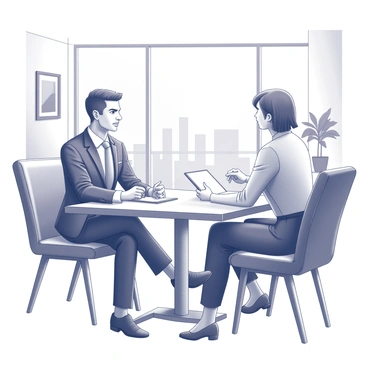 A parolee wearing a well-fitted suit is confidently seated in a modern office space. The individual has a composed expression, demonstrating self-assurance during the job interview. A wooden table separates the parolee from the employer, who is seated across the table, engaged in conversation. The employer is dressed in business attire and holds a notepad with a pen in hand, ready to take notes. Behind the employer, a large window reveals a city skyline, suggesting a bustling urban environment. The room is furnished with contemporary decor, including a potted plant in the corner and framed images on the walls.