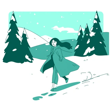 A teal figure resembling Eliza is sprinting through a snow-covered landscape, leaving footprints behind in the untouched white snow. The scene captures a flurry of snowflakes that swirl around her, creating a sense of urgency. Tall, dark trees with heavy snow on their branches create a stark contrast against the bright white ground. In the distance, there are rolling hills also blanketed in snow, partially obscured by the falling snowflakes. Eliza's expression conveys determination as she looks back over her shoulder, and her long coat billows behind her in the wind.