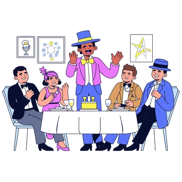 A playful host wearing a colorful costume stands at the front of a dining room. The host has a bright bow tie and a whimsical hat, smiling widely as they gesticulate excitedly. Surrounding the host are guests dressed as various characters from a classic mystery story. One guest is wearing a sleek black suit with a fedora, while another is dressed in a vintage flapper dress with a feathered headband. A third guest sports a detective's trench coat and holds a magnifying glass. The table is elegantly set for dinner, with candles and decorative plates, creating a lively atmosphere. In the background, there are mystery-themed decorations, adding to the party's ambiance.