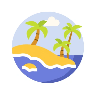 A globe featuring a spherical surface with a vibrant beach scene. The landmasses are replaced by sandy beaches, with bright yellow sand and turquoise waves lapping at the shore. Tall green palm trees with curved trunks and lush fronds are scattered across the globe, providing shade. The ocean is represented by deep blue water, with white foam from the waves gently rolling toward the sandy areas. The sky above is a clear blue, dotted with a few fluffy white clouds.