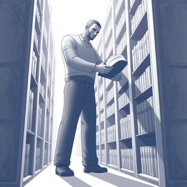 A giant towering over an enormous library filled with towering shelves. The giant has large, gentle hands reaching down to select a book from a high shelf. The library is expansive, with rows of books extending far into the distance. The books themselves are oversized, with intricate covers, adding to the grandeur of the scene. The giant appears focused and thoughtful, scanning the titles with a look of determination. The surrounding shelves are ornate, carved with detailed designs and patterns. Light streams in from high windows, illuminating the colossal space filled with countless stories.