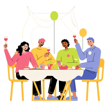 Friends laughing and clinking glasses of wine at a dinner party