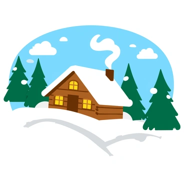 A snowy landscape covered in a thick layer of white snow. Several tall pine trees are scattered throughout the scene, their branches heavy with snow. In the foreground, there is a cozy cabin made of rustic wood, with a sloped roof. Smoke is rising gently from the chimney, creating a soft trail against the clear blue sky. The cabin has warm, glowing lights coming from the windows, adding a sense of warmth to the cold surroundings.