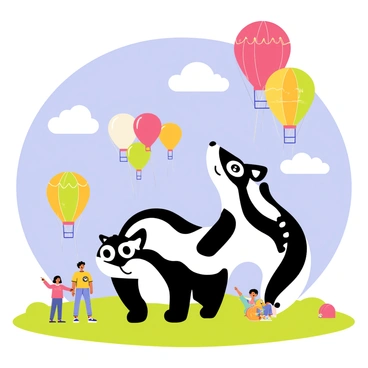 A skunk with black and white stripes stands on a grassy field at a hot air balloon festival. The skunk has large, curious eyes and a small smile as it watches colorful hot air balloons ascend into the clear blue sky. Around the skunk, vibrant balloons in various shapes and patterns are filling with air and lifting off the ground. The balloons' bright colors, including red, yellow, and green, contrast against the serene background of fluffy white clouds. Nearby, families and children are excitedly pointing at the balloons, enhancing the festive atmosphere of the moment.