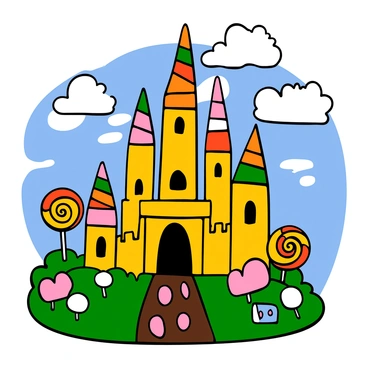 A magical castle made entirely of candy corn with a drawbridge