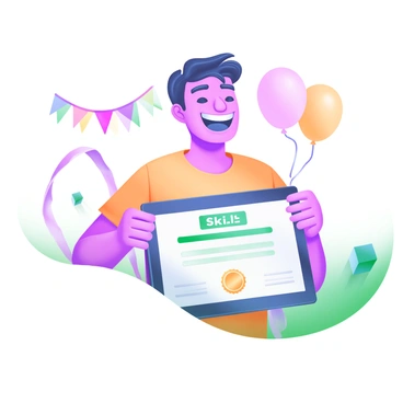 A person with a broad smile is proudly holding their newly earned "Skill Certification" in front of them. The certificate is prominently displayed and features a gold seal at the bottom. The individual is wearing a casual, brightly colored shirt that enhances their joyful expression. In the background, there are soft, pastel-colored decorations like streamers and balloons that contribute to a celebratory atmosphere. The lighting is warm, creating an inviting scene that reflects achievement and happiness.