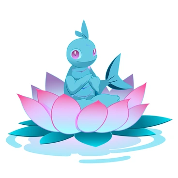 A Magikarp with iridescent scales and large, expressive eyes is in a meditative pose, sitting cross-legged on top of a vibrant lotus flower. The lotus flower has soft pink petals that are delicately curled and surrounded by lush green leaves. The background features a tranquil water surface, reflecting the colors of the lotus and the Magikarp. Gentle ripples spread outward from the flower, creating a peaceful and harmonious atmosphere.