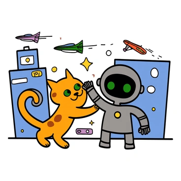 A cartoon cat with fluffy fur and bright green eyes is playfully interacting with a friendly robot companion. The cat has a long tail and is standing on its hind legs, reaching out a paw towards the robot. The robot has a shiny metallic body, large expressive eyes, and a smiling mouth, showing an inviting demeanor. The futuristic setting features sleek, colorful buildings with glowing lights and flying vehicles in the background. There are holographic screens and advanced technology elements surrounding them, emphasizing the imaginative environment.