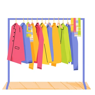 A vibrant boutique display featuring a tall clothing rack with an array of colorful coats hanging neatly. The coats include shades of red, blue, yellow, and green, each with different textures and patterns. The background shows a wooden floor and a softly lit space, enhancing the brightness of the coats. A few colorful scarves are draped over the rack, adding extra flair to the display.