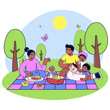 A picnic blanket with a colorful checkered pattern is spread across the green grass in a park. On the blanket, there are various food items, including a red and white checked basket filled with sandwiches, fruits, and drinks. A joyful family is sitting on the blanket, consisting of two adults and two children. The adults are smiling and reaching for food, while the children are laughing and playing with a frisbee nearby. In the background, there are tall trees with green leaves and a bright sun shining in a clear blue sky. A few butterflies are fluttering around the scene.