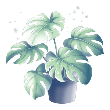 A monstera plant with large, glossy, green leaves is prominently featured. The leaves are adorned with numerous raindrops, reflecting light and creating a glistening effect. The background shows a soft blur, suggesting a light shower is occurring, with droplets falling gently around the plant. The overall scene captures the freshness and vibrancy of the plant in a slightly damp atmosphere.