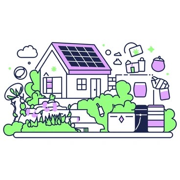 A vision board depicting sustainable living practices. In the center, there are several solar panels installed on a sloped roof of a house. To the left, an organic garden is flourishing, featuring rows of various vegetables and herbs, with a small wooden trellis supporting climbing plants. Beside the garden, there is a compost bin made of recycled materials. To the right of the house, a rainwater collection system is visible, with barrels collecting rainwater from the roof. Scattered throughout the board are images of reusable products, such as cloth bags and glass containers, emphasizing eco-friendly choices. Each element is clearly presented to communicate a commitment to sustainability.