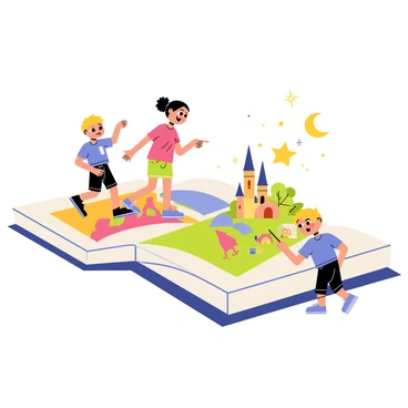 A group of three children, two boys and a girl, stepping onto an oversized, open storybook that lies flat on the ground. The storybook has vividly illustrated pages with colorful scenes of castles, forests, and whimsical creatures. As the children step in, sparkling magical dust swirls around their feet. The girl, wearing a bright red dress, looks excitedly at the illustrations, while one boy points towards a dragon illustration with wide eyes. The other boy, dressed in a blue shirt, kneels down to touch the page, causing the images to glow. Bright, enchanted landscapes with trees, flowers, and mythical creatures emerge around them, inviting them into a fantastical adventure.