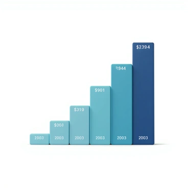 A 3D bar graph displaying the pricing trends for illustration commissions over time. The graph features several vertical bars, each representing a different year, with varying heights to indicate the pricing levels. The bars are colored in a gradient from light blue to dark blue, showcasing the increase in prices over the years. Each bar has a numerical label on top, indicating the specific commission price for that year. The x-axis is labeled "Years" and the y-axis is labeled "Illustration Commission Price." The background is a simple white to enhance the visibility of the graph.